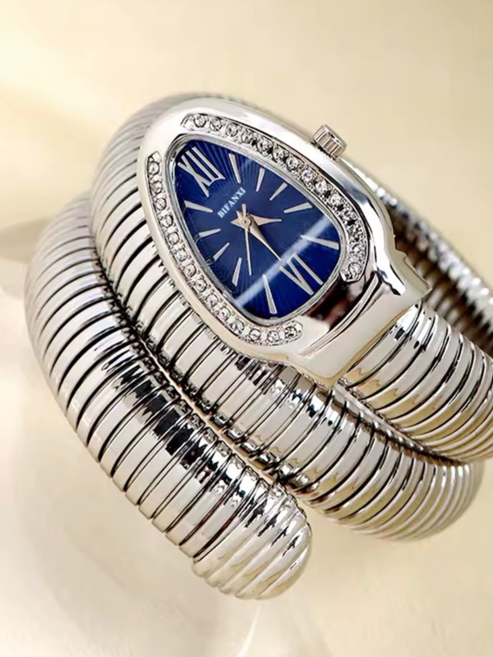 Silver Coil Wrap Women's Quartz Watch with Blue Dial